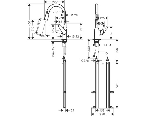 Technische Zeichnung einer Badarmatur mit Maßangaben