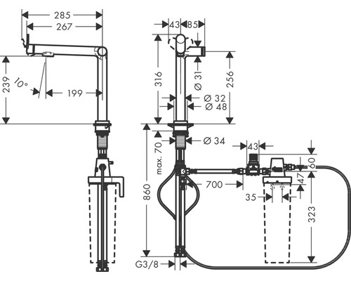 Dessin technique d''un robinet avec des mesures.