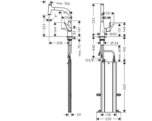 Schéma technique d''un robinet sur pied avec indications de mesure
