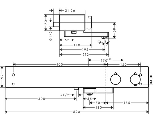 Technische Zeichnung einer Armatur mit Maßangaben