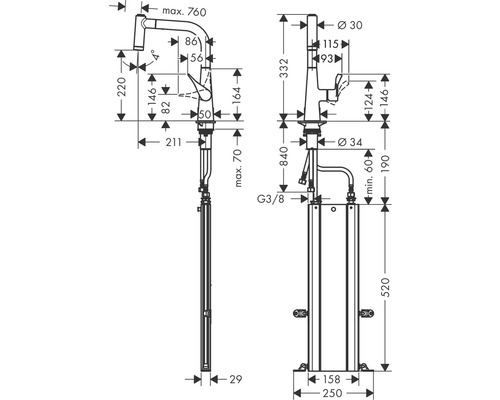 Technische Zeichnung einer freistehenden Armatur mit Maßangaben