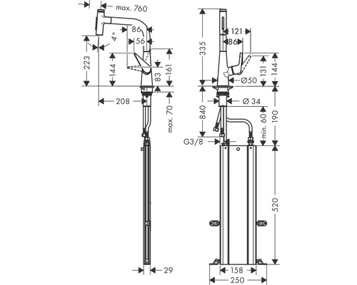 Schéma technique d''un robinet sur pied avec indication des dimensions