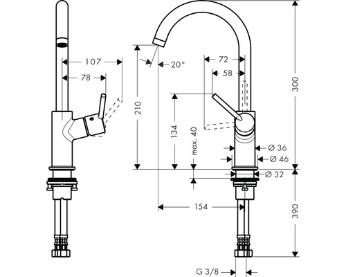 Dessin technique d''un robinet de cuisine avec dimensions