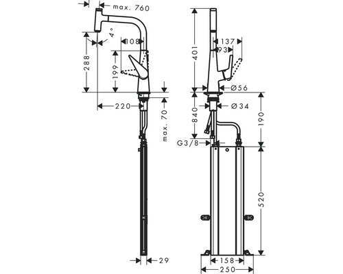 Dessin technique d''un robinet de cuisine avec les dimensions correspondantes.