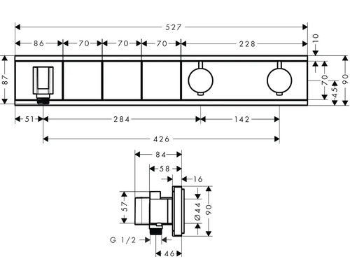 Maßzeichnung für ein Badezimmerprodukt mit Abmessungen