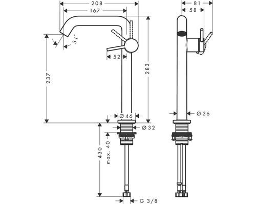 Technische Zeichnung einer Armatur mit Maßen.