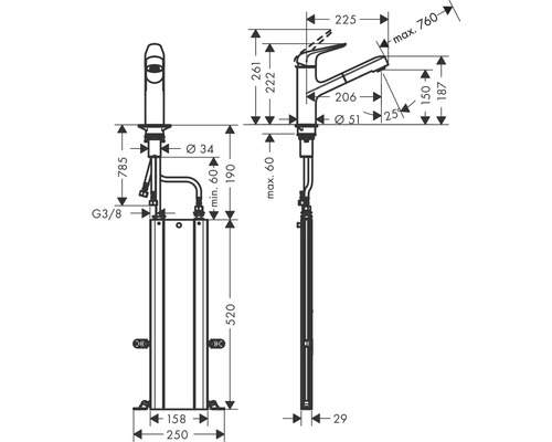 Schéma coté d''un robinet sur pied avec toutes les dimensions