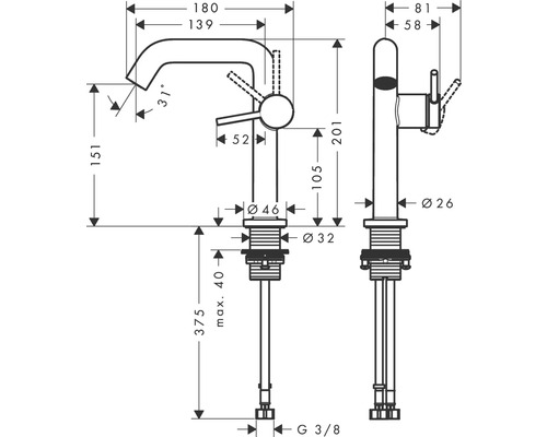 Technische Zeichnung einer Waschtischarmatur mit Maßangaben