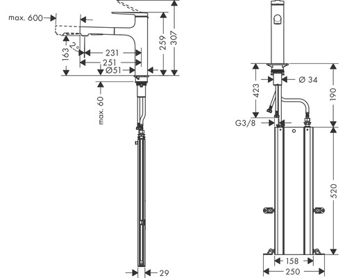 Schéma technique d''un robinet de lavabo avec dimensions