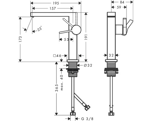 Schéma technique d''un robinet avec indications de mesure