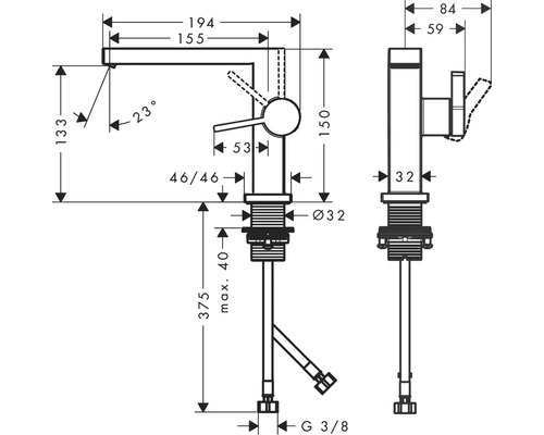 Masse des Wasserhahns