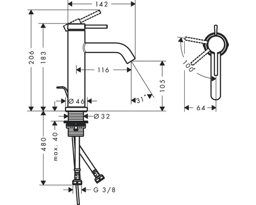 Technische Zeichnung einer Waschtischarmatur mit Maßen