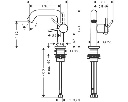 Technische Zeichnung einer Armatur mit Maßangaben
