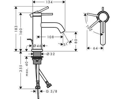 Technische Zeichnung eines Wasserhahns mit Maßangaben