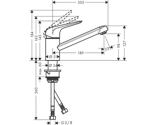 Technische Zeichnung einer Küchenarmatur mit Maßangaben