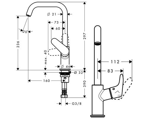 Technische Zeichnung einer Küchenarmatur mit Maßangaben