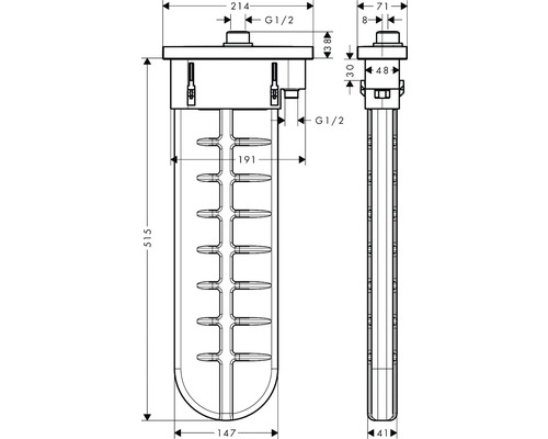 Schéma technique d''un élément chauffant avec indications de dimensions