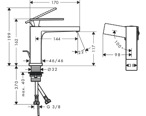 Schéma technique d''un robinet avec dimensions.