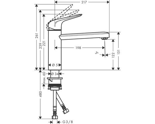 Technische Zeichnung einer Armatur mit Maßangaben