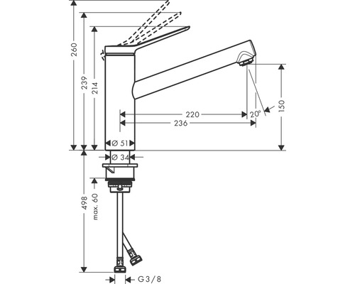 Plan coté d''un robinet avec les dimensions de hauteur, de projection et de raccordement
