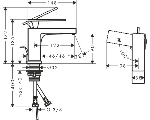 Maßzeichnung einer Armatur mit Höhen- und Breitenangaben