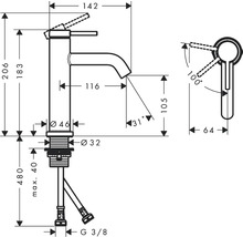 Schéma technique d''un robinet avec indications de dimension