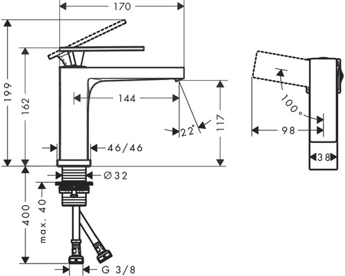 Dessin technique d''un robinet avec indications de mesure.