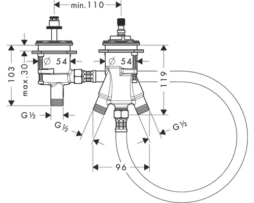 Technische Zeichnung einer Armatur mit Maßangaben