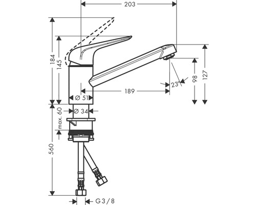 Technische Zeichnung einer Küchenarmatur mit Maßangaben