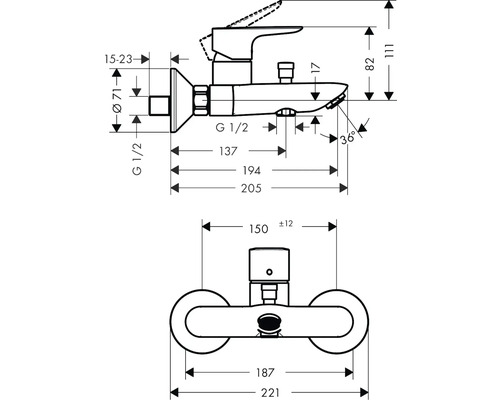 Schéma technique d''un robinet d''eau avec indications de dimensions