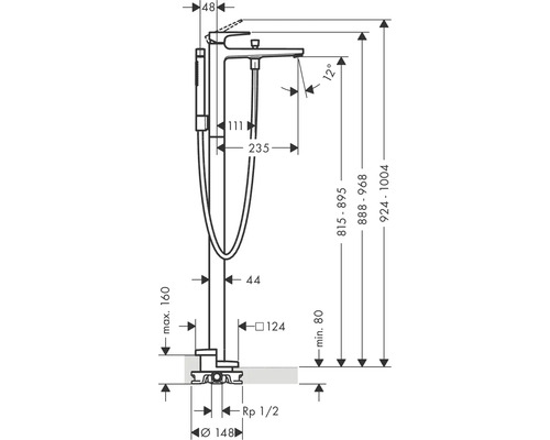 Masszeichnung Standarmatur mit Handbrause