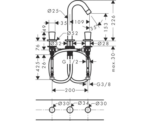 Technische Zeichnung einer Armatur mit Maßangaben
