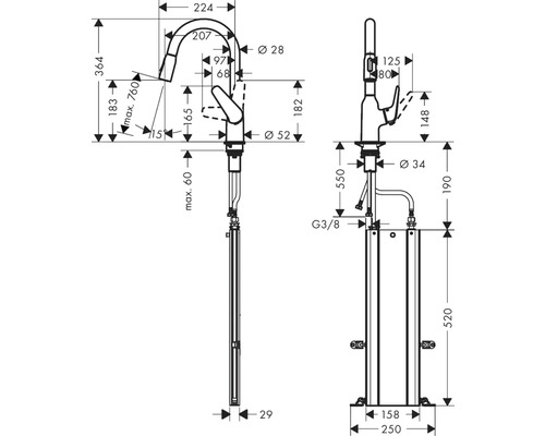 Technische Zeichnung einer freistehenden Armatur mit Maßangaben
