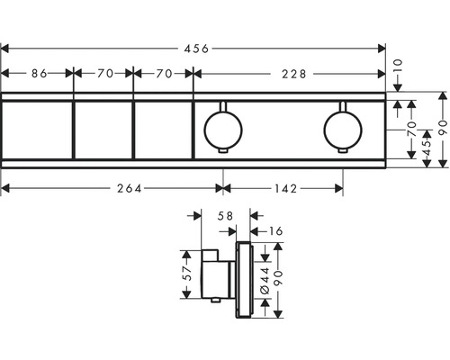 Schéma coté d''un accessoire de salle de bains avec les dimensions 456, 86, 70, 228, 264, 142, 58, 16, 57, 44 et 90.
