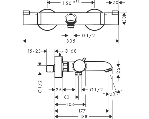 Technische Zeichnung einer Aufputz-Brausearmatur mit Maßangaben