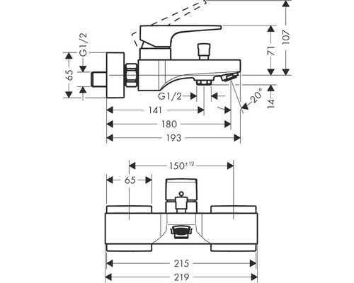 Technische Zeichnung einer Waschtischarmatur mit Maßangaben