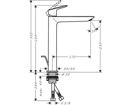 Technische Zeichnung einer Waschtischarmatur mit Maßangaben