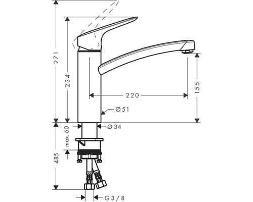 Technische Zeichnung einer Küchenarmatur mit Maßangaben