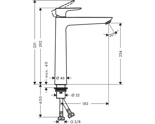 Technische Zeichnung einer Armatur mit Maßen