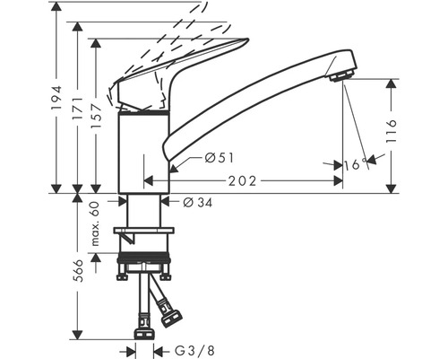 Technische Zeichnung einer Küchenarmatur mit Maßangaben