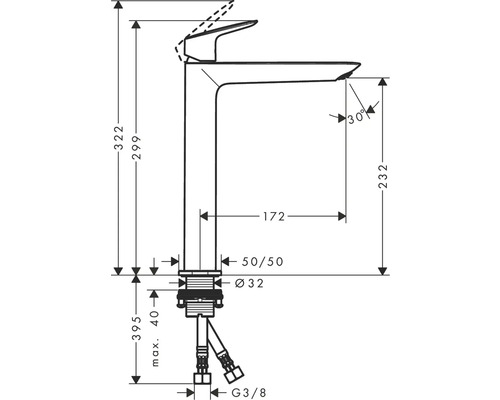 Technische Zeichnung einer Armatur mit Maßangaben