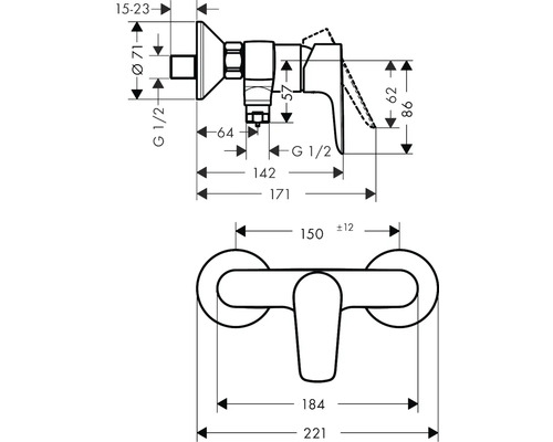 Technische Zeichnung einer Armatur mit Maßangaben