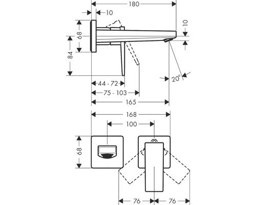 Technische Zeichnung eines Wasserhahns mit Maßangaben