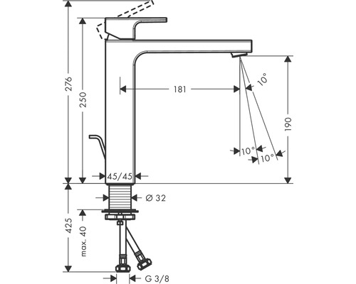 Technische Zeichnung einer Armatur mit Maßangaben