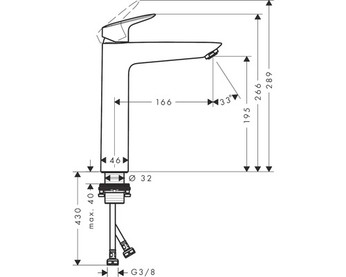 Schéma technique d''un robinet avec indications de dimensions