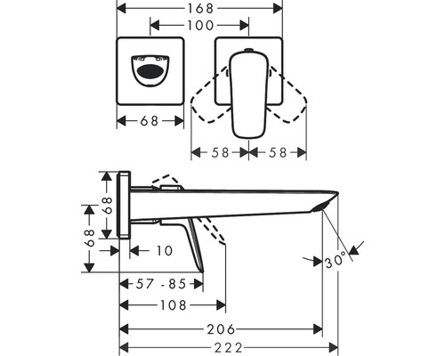 Technische Zeichnung eines Bidet mit Maßangaben