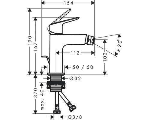 Schéma technique d''un robinet avec indications de mesure