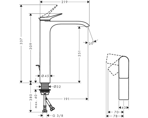Technische Zeichnung einer Armatur mit Maßangaben