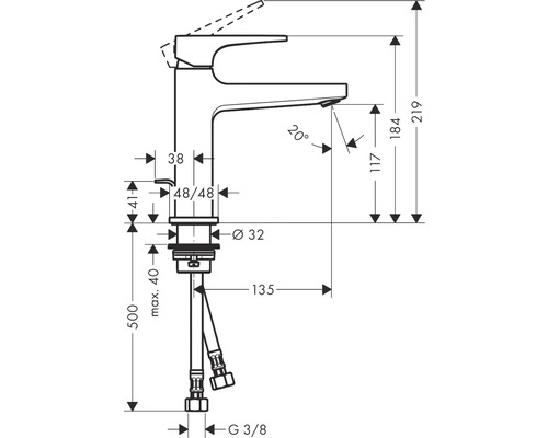 Technische Zeichnung eines Wasserhahns mit Maßen