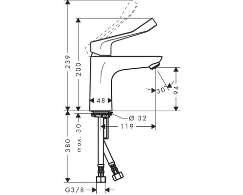 Dessin technique d''un robinet avec des dimensions pour l''installation.